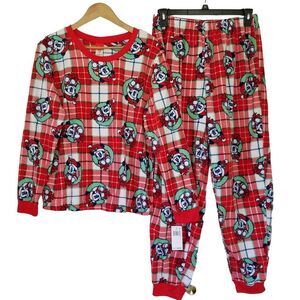 Disney Mickey Mouse Fleece Pajama Set Womens Size L Red Plaid‎ NWT